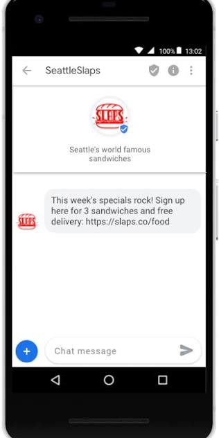 What Is Branded SMS? Definition, Setup & Best Practices Branded SMS: A smartphone screen shows a chat with SeattleSlaps. The message promotes sandwich specials, invites users to sign up for 3 sandwiches and free delivery, and includes a website link.
